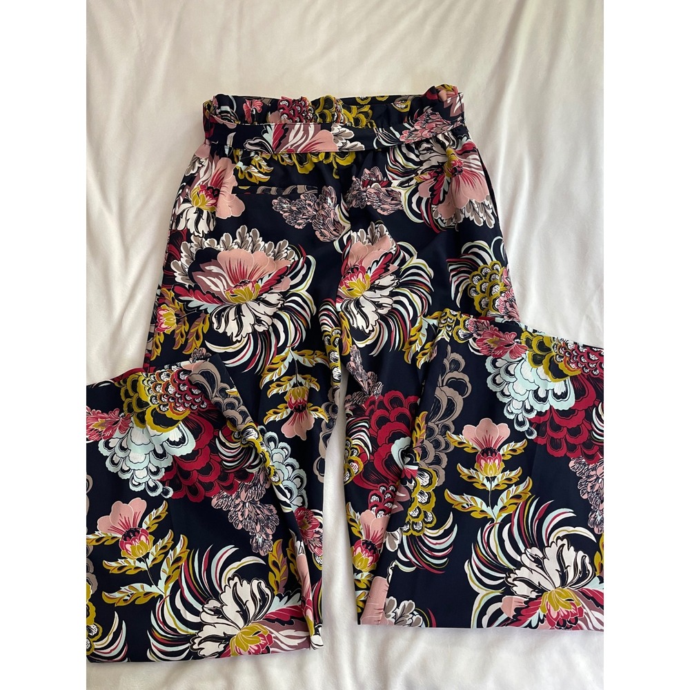 New York & Company 7th Avenue Floral Wide Leg Paperbag Waist Pants Navy Pink M - Picture 8 of 10